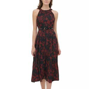 Tommy Hilfiger Black Scarlet Red Belted Floral Chiffon Midi Dress Sz 10 NWT